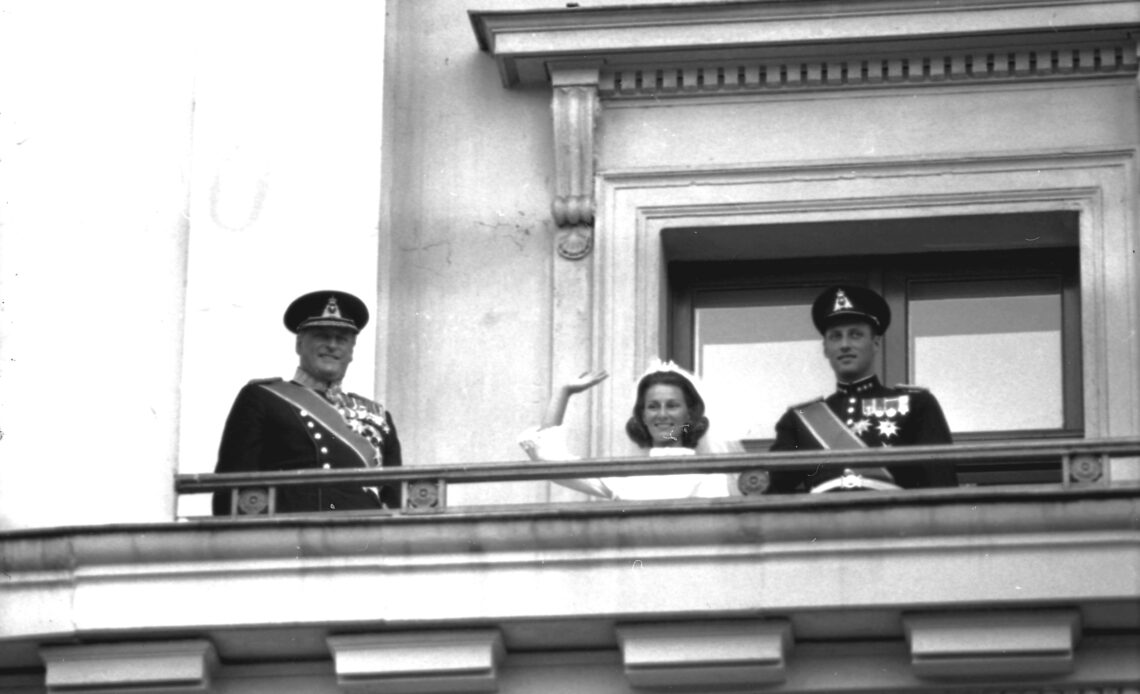 Harald and Sonja of Norway on their wedding day