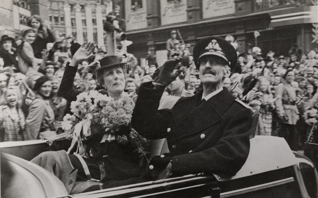 King Haakon of Norway with Crown Princess Martha on a procession through Oslo at the end of World War Two