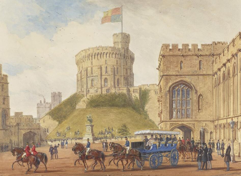 Joseph Nash, Queen Victoria driving out with Louis-Philippe from the Quadrangle, Windsor Castle, 1844