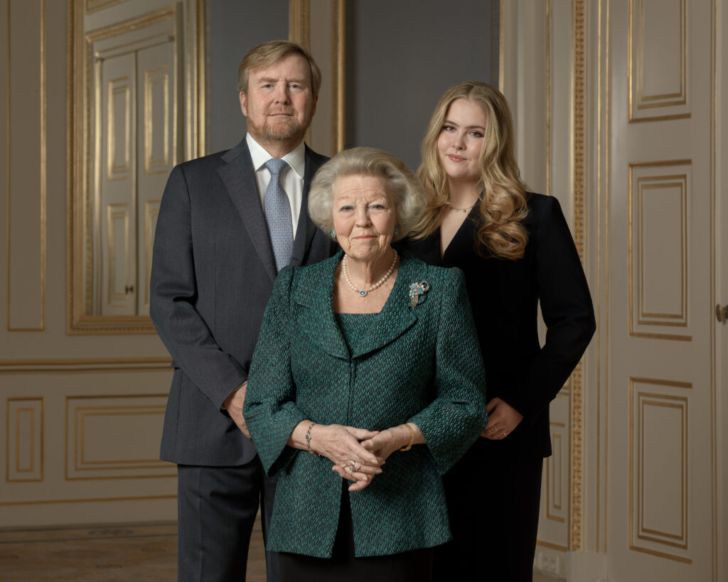 Princess Beatrix with King Willem-Alexander and Princess Catharina-Amalia in a portrait to mark her 85th birthday. The three generations portrait was taken to celebrate the birthday of the former monarch in January 2023.