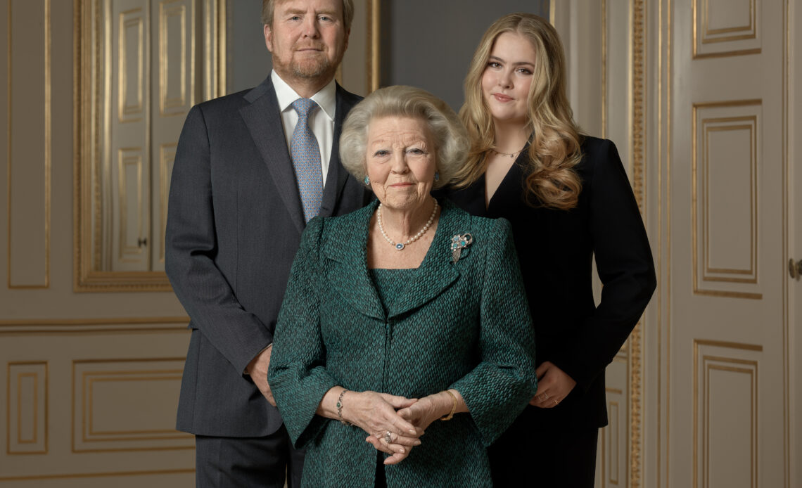 Princess Beatrix with King Willem-Alexander and Princess Catharina-Amalia in a portrait to mark her 85th birthday. The three generations portrait was taken to celebrate the birthday of the former monarch in January 2023.
