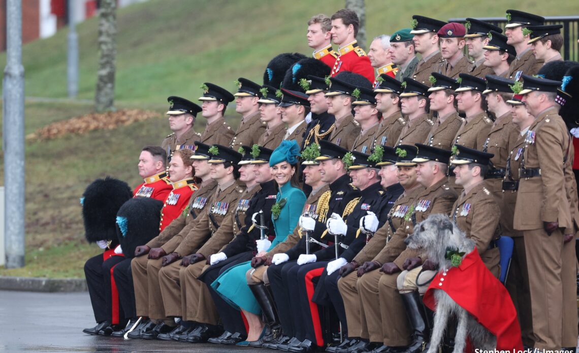 The Princess of Wales presents shamrocks to the Irish Guards for the first time since becoming their Colonel