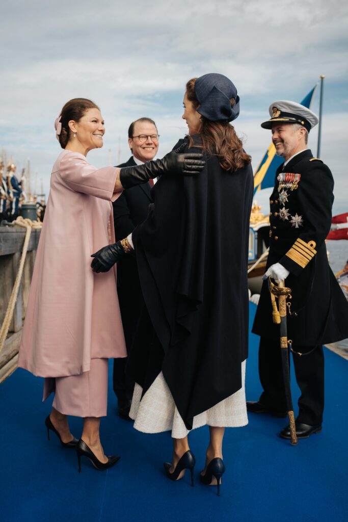 The Crown Princess of Sweden hugs Queen Mary at the start of the Danish State Visit