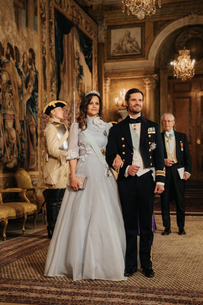 Prince Carl Philip and Princess Sofia of Sweden arrive at the State Banquet held in honour of King Frederik and Queen Mary of Denmark