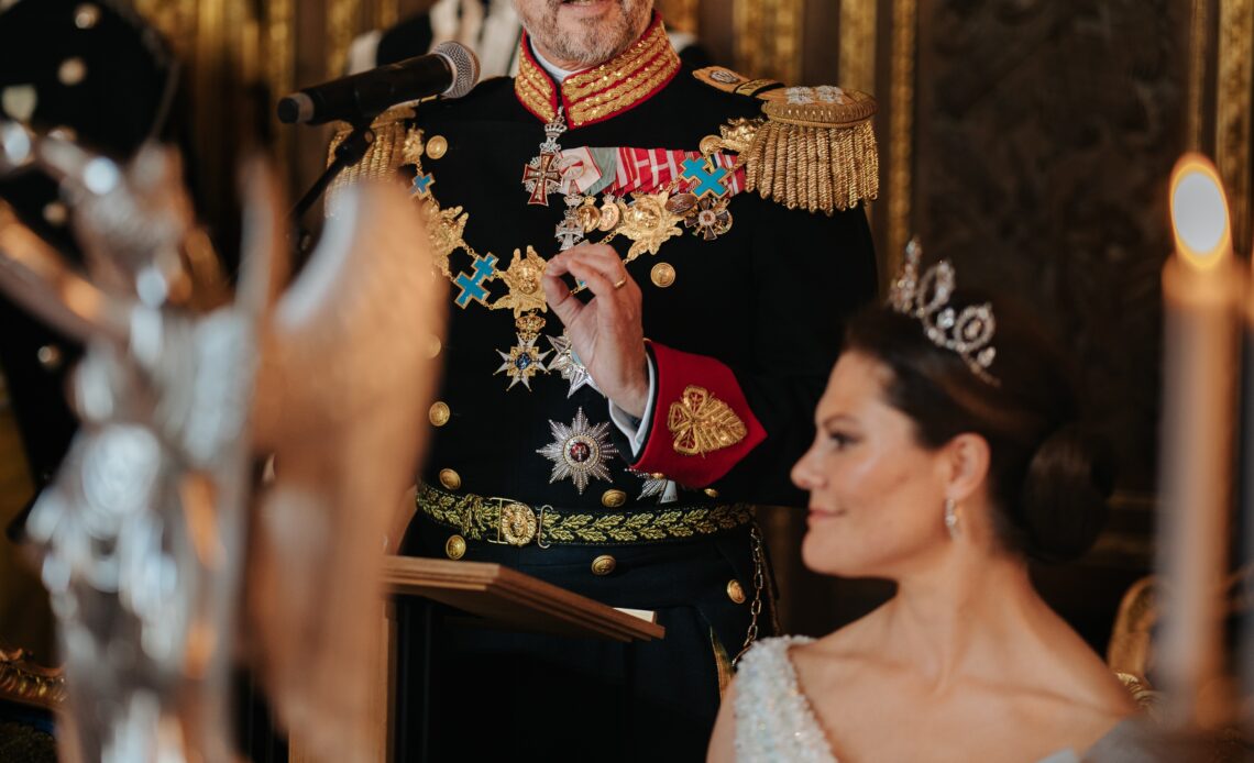 The King of Denmark gives his speech at the State Banquet held in his honour during the first State Visit of his reign