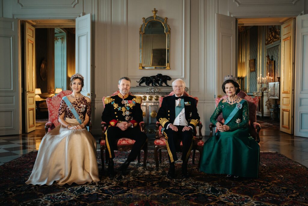 The King and Queen of Sweden and the King and Queen of Denmark in an official portrait marking the first State Visit of the reign of Frederik X