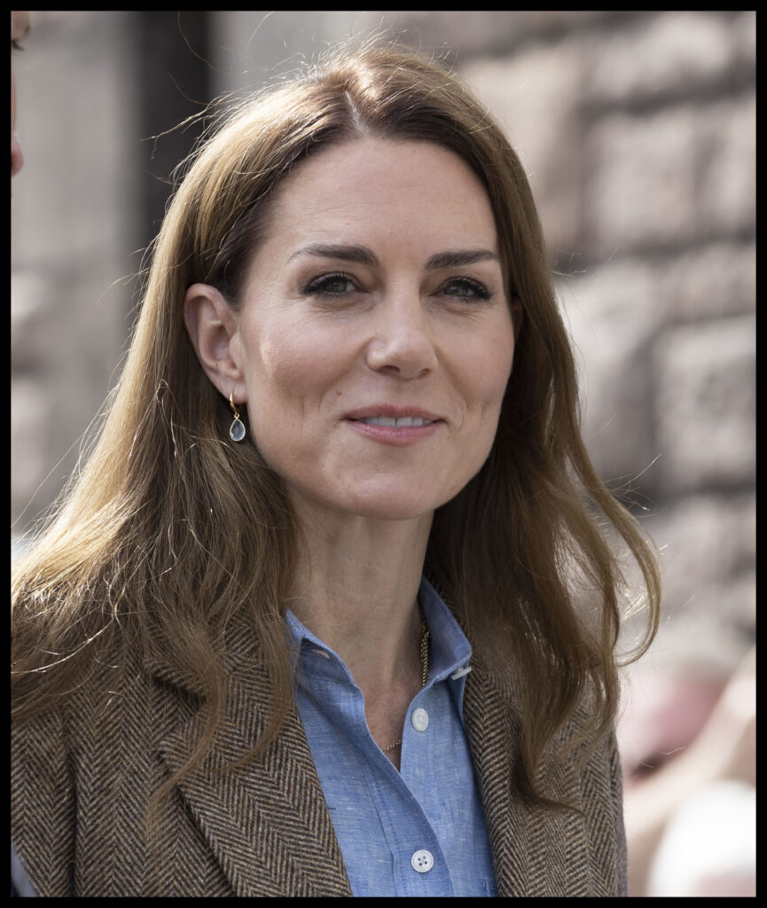 The Princess of Wales wears a casual blue shirt with smart tweed effect jacket