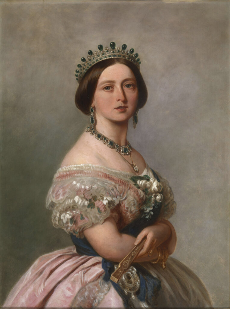 Queen Victoria in a portrait by George Koberwein wearing the diamond and emerald tiara and necklace created for her by Prince Albert