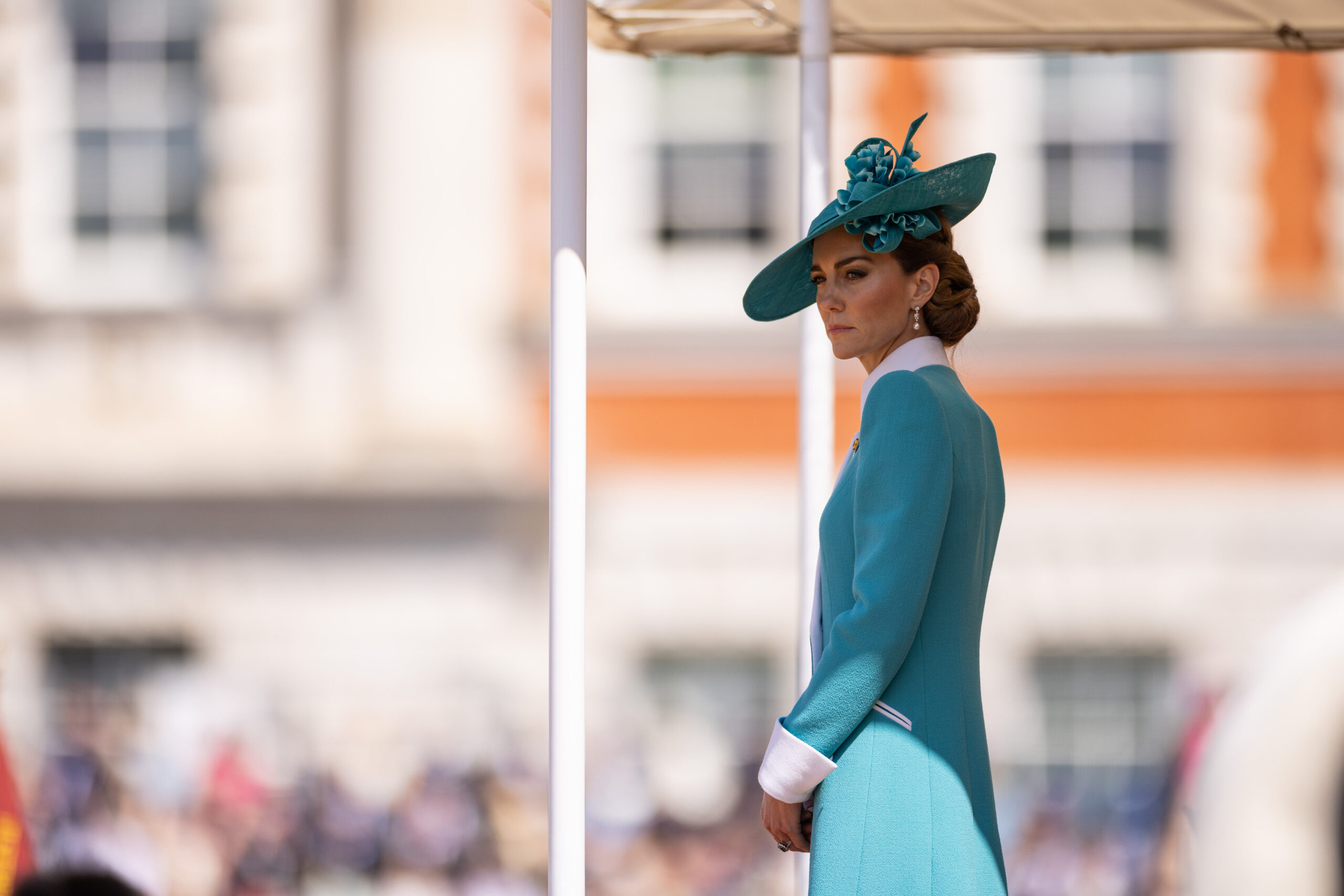 The Princess of Wales in St. Patrick's blue for Trooping the Colour