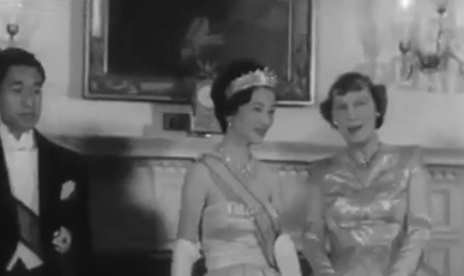 Empress Michiko of Japan in a pearl and diamond tiara at the White House