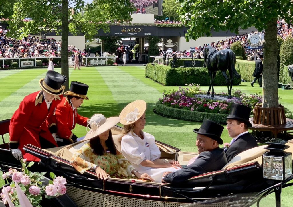 Peter Phillips and his girlfriend, Harriet Sperling, seen in carriage three of the Royal Procession on Day One of Royal Ascot 2025
