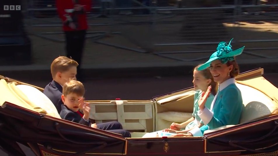 The Princess of Wales with Prince George, Princess Charlotte and Prince Louis ride in an Ascot Landau at Trooping the Colour