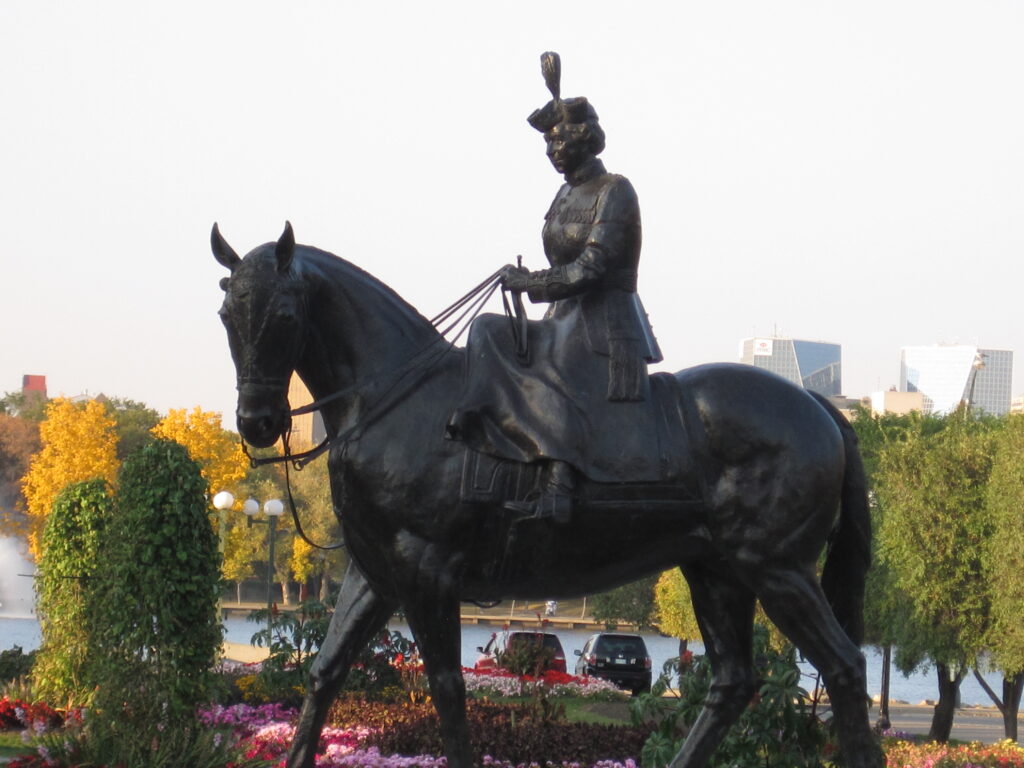 The statue of Queen Elizabeth II riding her beloved horse, Burmese
