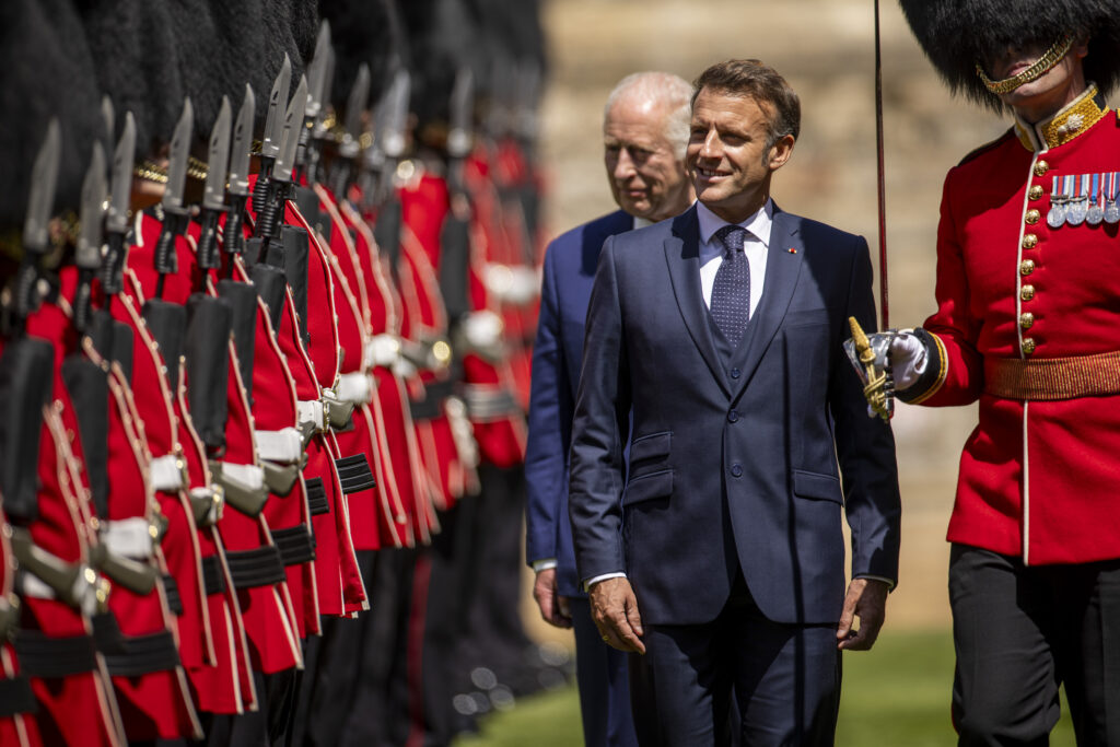 King Charles III and President Macron inspect a Guard of Honour at the Start of the French State Visit to the UK