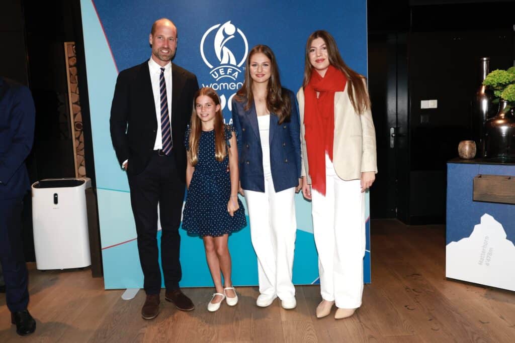 The Prince of Wales, Princess Charlotte, Princess Leonor and Infanta Sofia pose for photos ahead of the final of the Women's 2025 Euros
