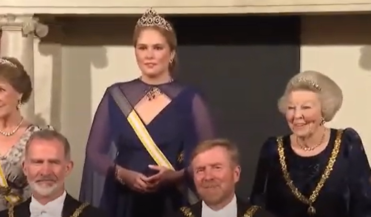 Princess Amalia wears the peacock tiara, a stunning collection of rubies and diamonds
