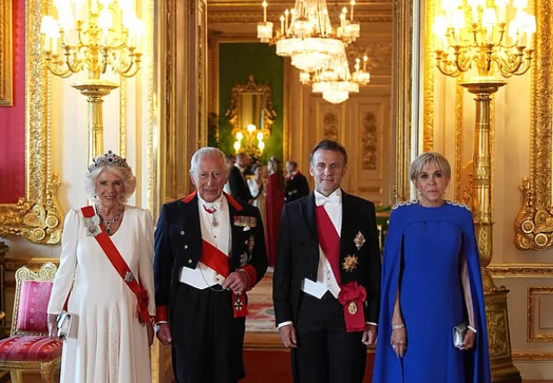 King Charles and Queen Camilla host a State Banquet for the President of France, Emmanuel Macron. The Queen wears a sapphire tiara that was once a necklace belonging to a scandalous princess.