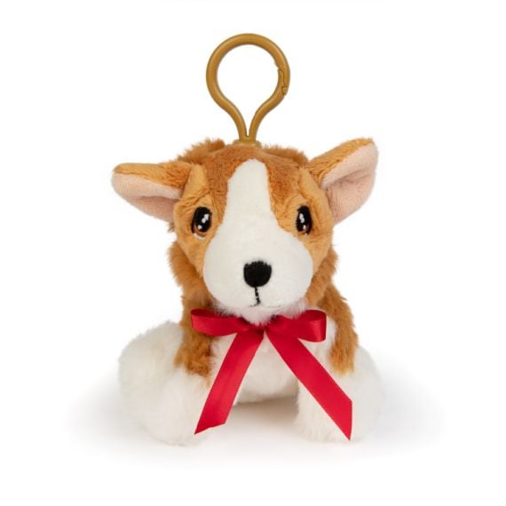 A plushy keyring in the shape of a corgi