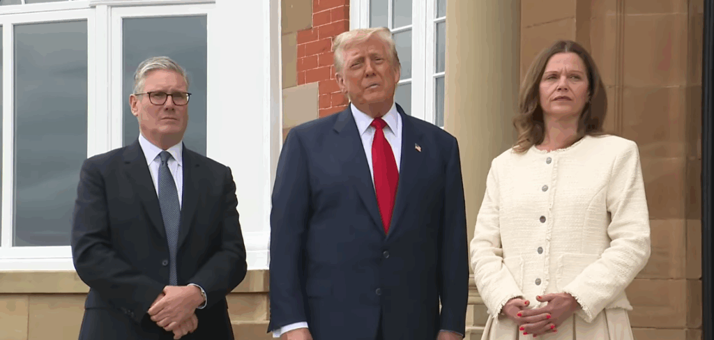 Donald Trump welcomes Keir Starmer and Victoria Starmer to Turnberry and they speak to the press outside while standin gon steps.