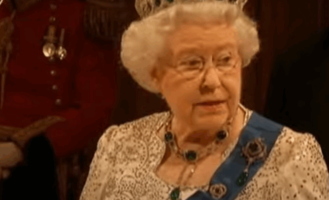 Queen Elizabeth II speaks at the historic State Banquet for the President of the Republic of Ireland held at Windsor Castle in April 2014.