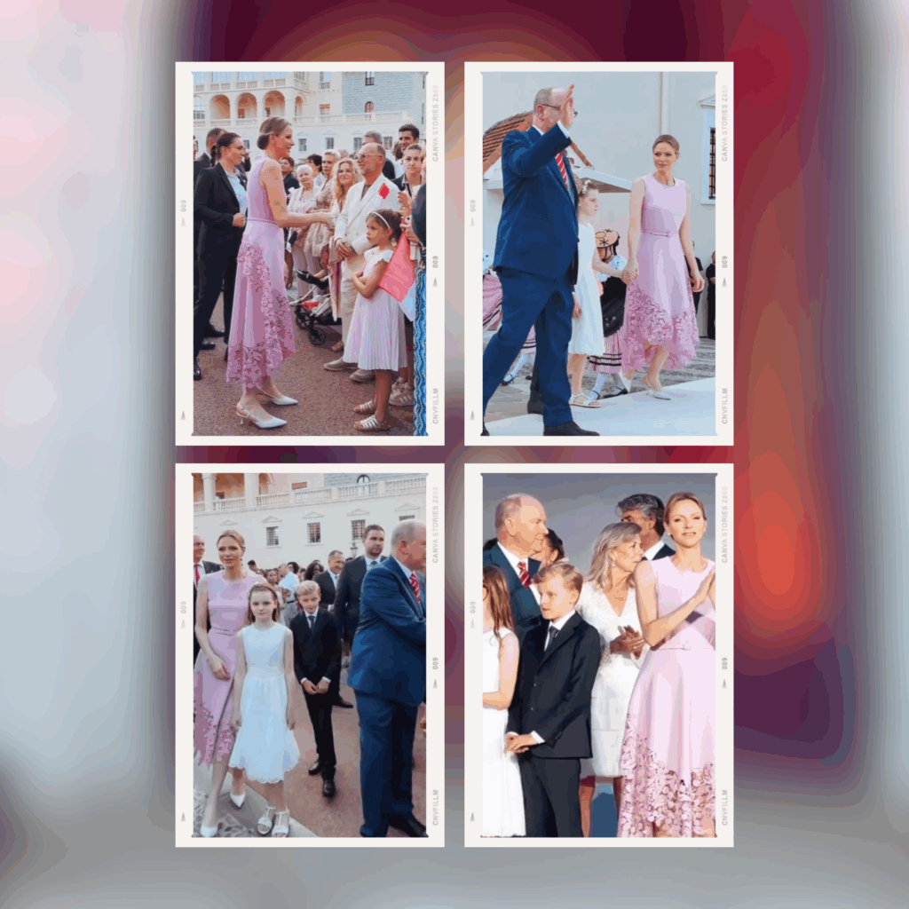 Princess Charlene of Monaco wears a tiered pink dress for a party marking the anniversary of her husband's reign