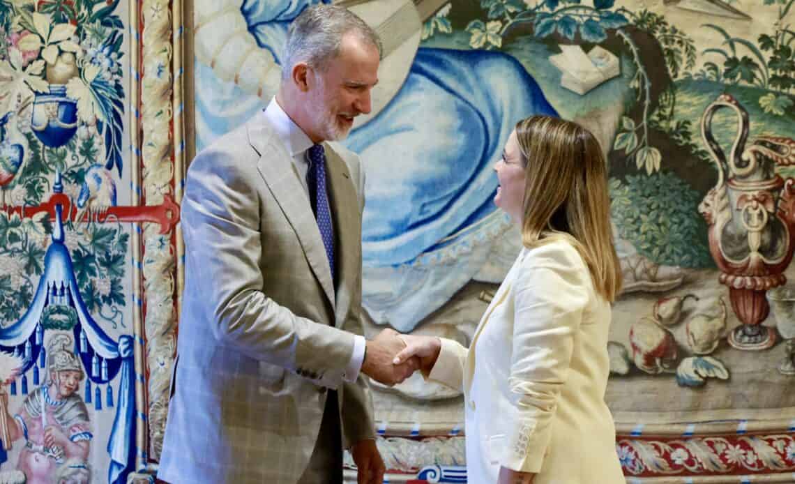 King Felipe of Spain welcomes the President of the Balearic Islands to the Palace of the Almudaina on Mallorca