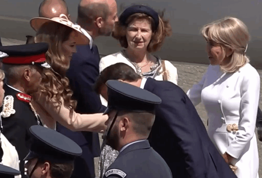 President Emmanuel Macron of France kisses the hand of the Princess of Wales as he arrives for his State Visit