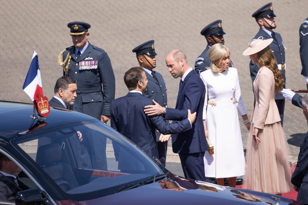 The Prince and Princess of Wales greet President and Mrs Macron at the start of the French State Visit. Kate chose Dior for the welcome ceremony.