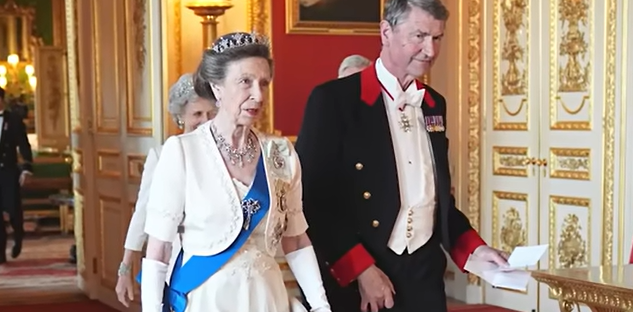 Princess Anne wears the Festoon tiara, packed with diamonds, at the French State Banquet at Windsor Castle
