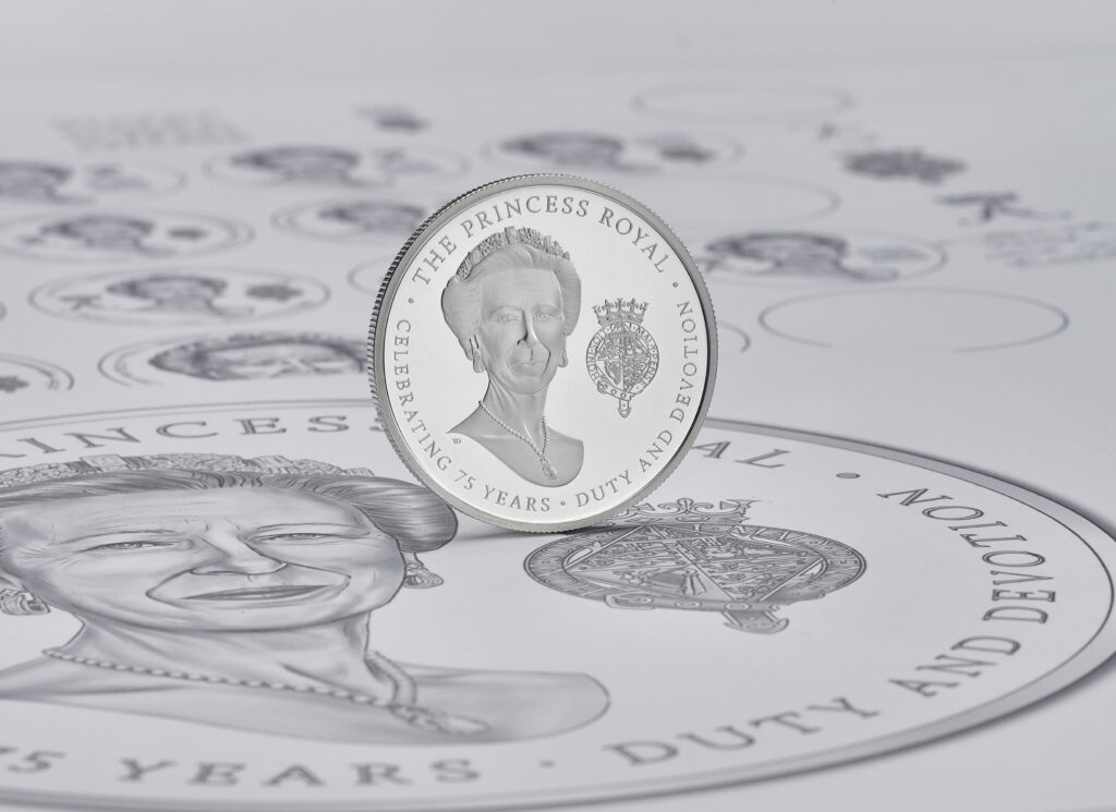 Princess Anne commemorative coin is shown with the sketch of the portrait on it