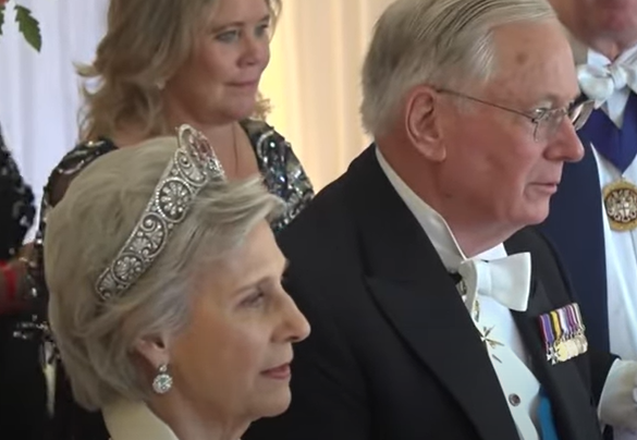 The Duchess of Gloucester wears a pretty pink tiara at a glittering banquet at the Guildhall for the State Visit of the President of France, Emmanuel Macron.