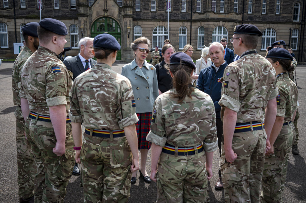 Princess Anne, The Princess Royal wearing aviator sunglasses as she meets military rehearsing for this year's Edinburgh Military Tattoo.