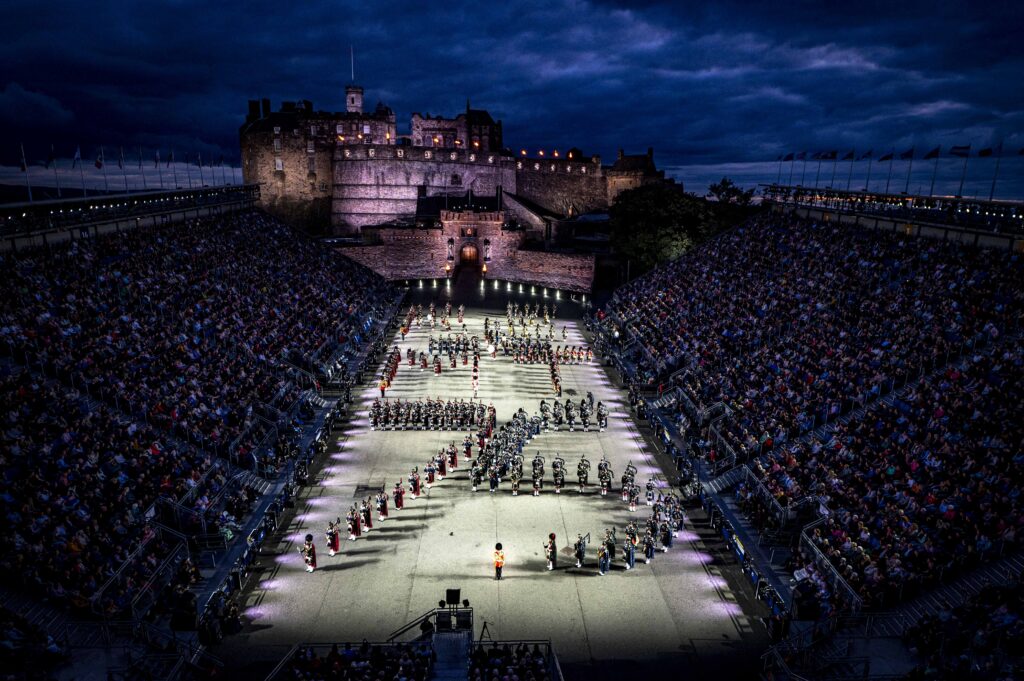 Military mark out the shape of 75 at rehearsals for the Royal Edinburgh Military Tattoo of which Princess Anne is patron