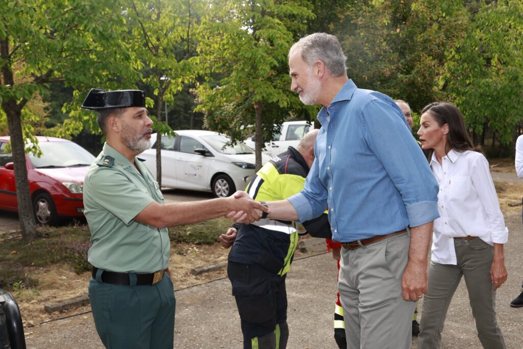 King Felipe meets a member of the Guardia Civil during a visit to an area affected by wildfire