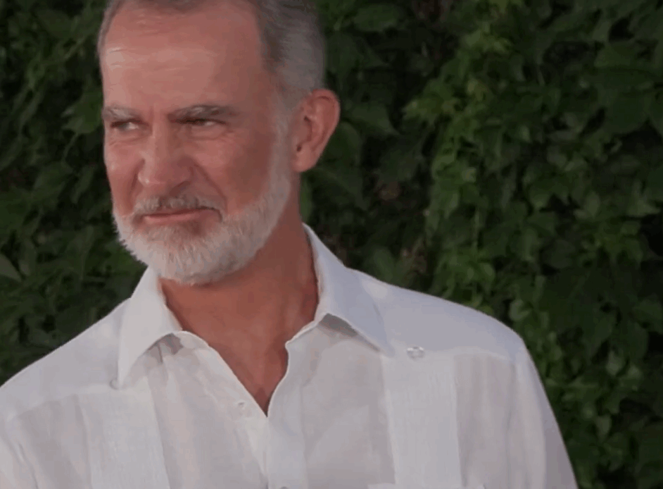 King Felipe of Spain wears a guayabera shirt at a formal reception in Mallorca
