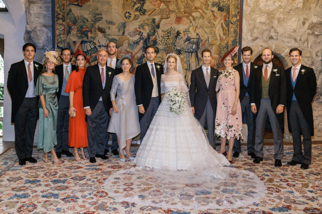 Princess Marie Caroline of Liechtenstein and her husband, Leopoldo Maduro Vollmer, pose for a family portrait after their wedding in Vaduz
