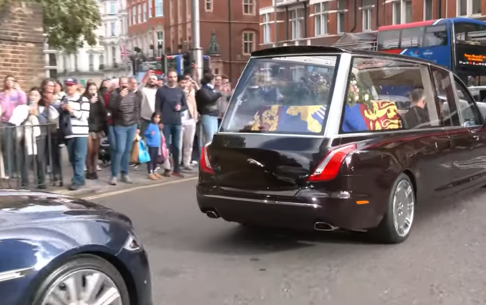 The Royal Hearse turns out of Kensington Palace carrying the coffin of the Duchess of Kent