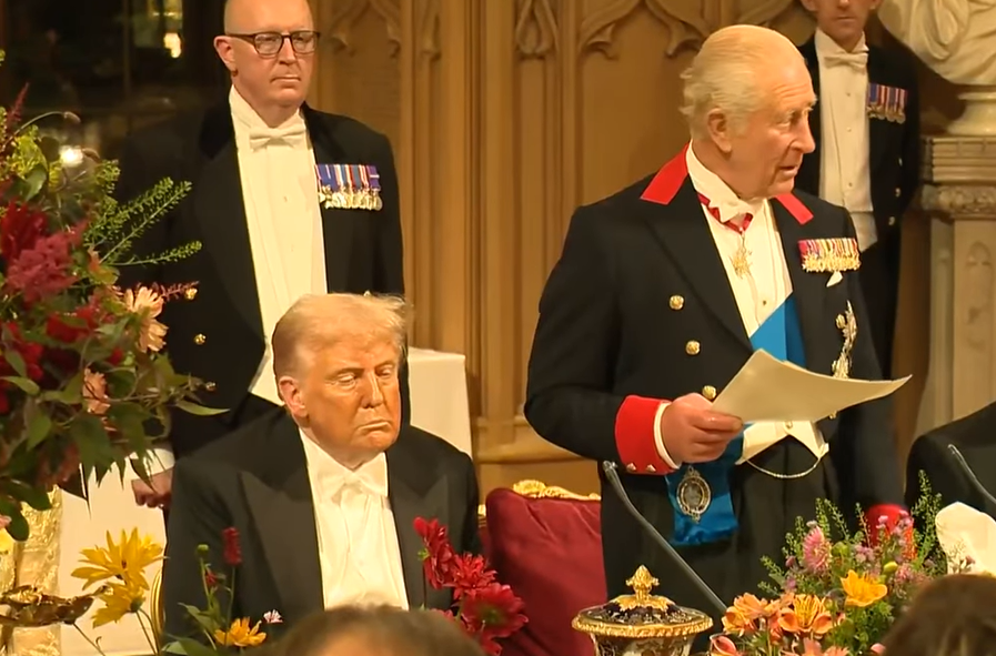 King Charles makes a speech at the State Banquet at Windsor Castle with Donald Trump at his side