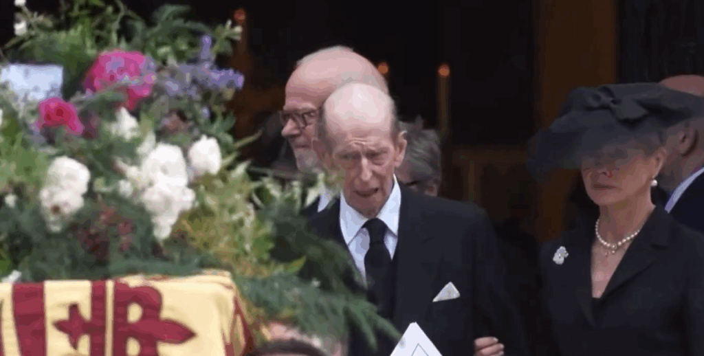 The Duke of Kent watches as the coffin of his wife, the Duchess of Kent, is carried from Westminster Cathedral