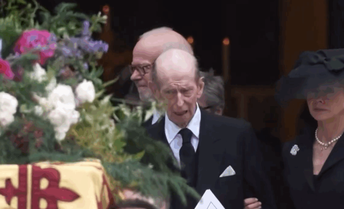 The Duke of Kent watches as the coffin of his wife, the Duchess of Kent, is carried from Westminster Cathedral