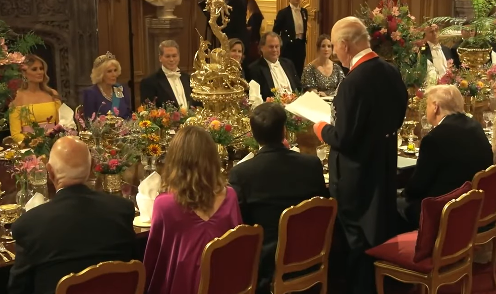 A view of King Charles' back during his speech at the State Banquet for Donald Trump