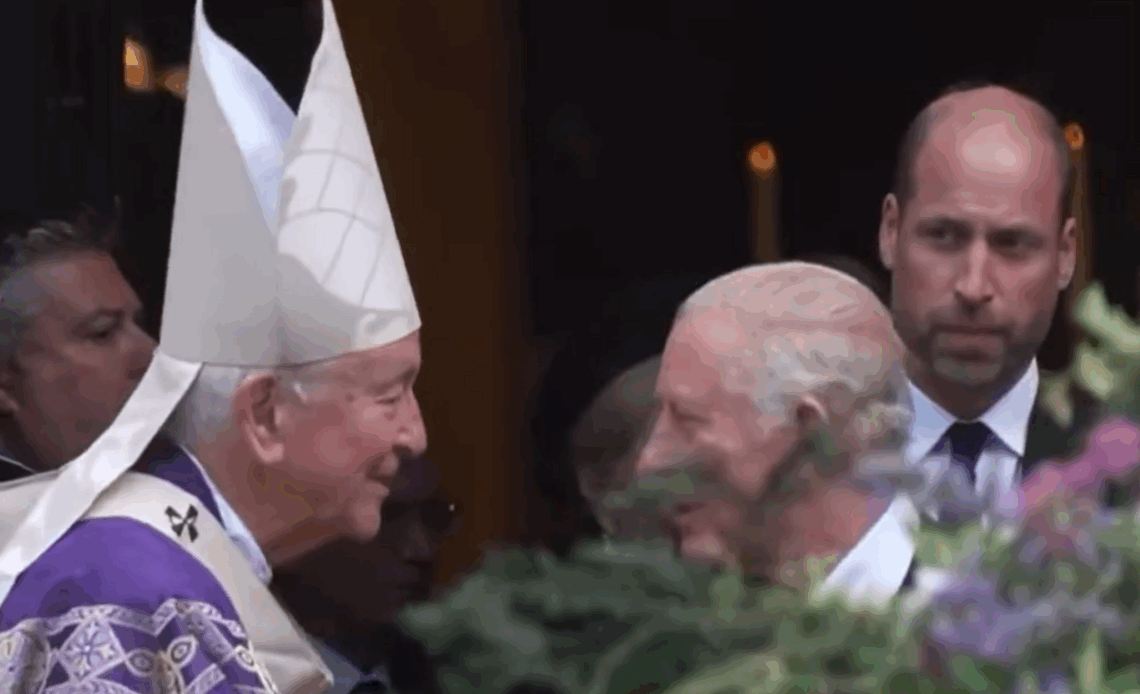 The King speaks to Cardinal Vincent Nichols at the end of the funeral service for the Duchess of Kent