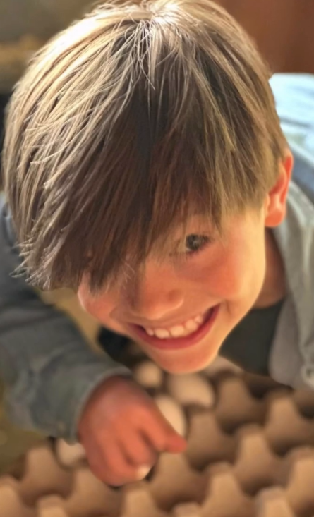 Prince Oscar helps collects eggs during his family's summer holiday in Sweden