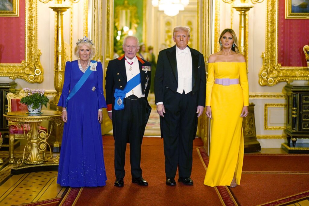 Queen Camilla wears blue and Melania Trump wears yellow at the State Banquet
