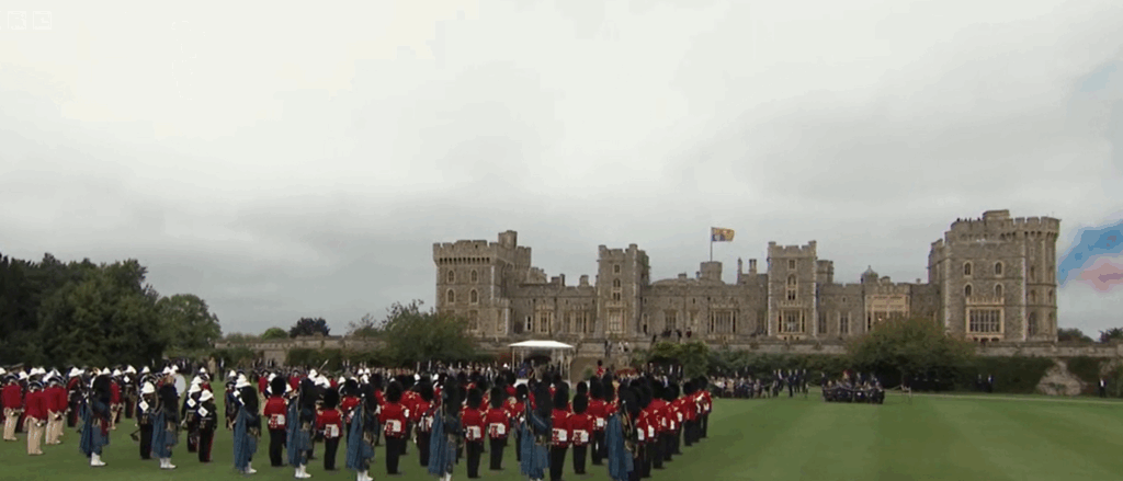 Windsor Castle with ranked soldiers in front of it