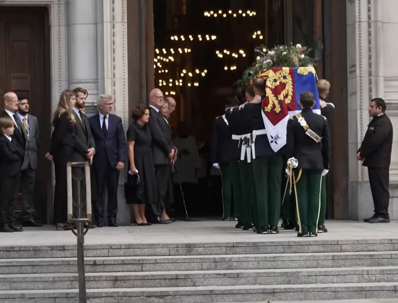 The Duke of Kent watches as the coffin of the Duchess of Kent is brought into Westminster Cathedral