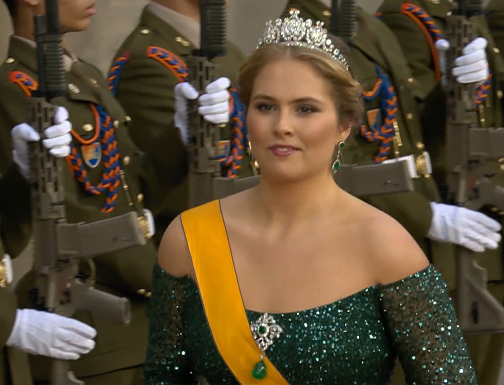 Princess Amalia of the Netherlands wears an emerald evening gown