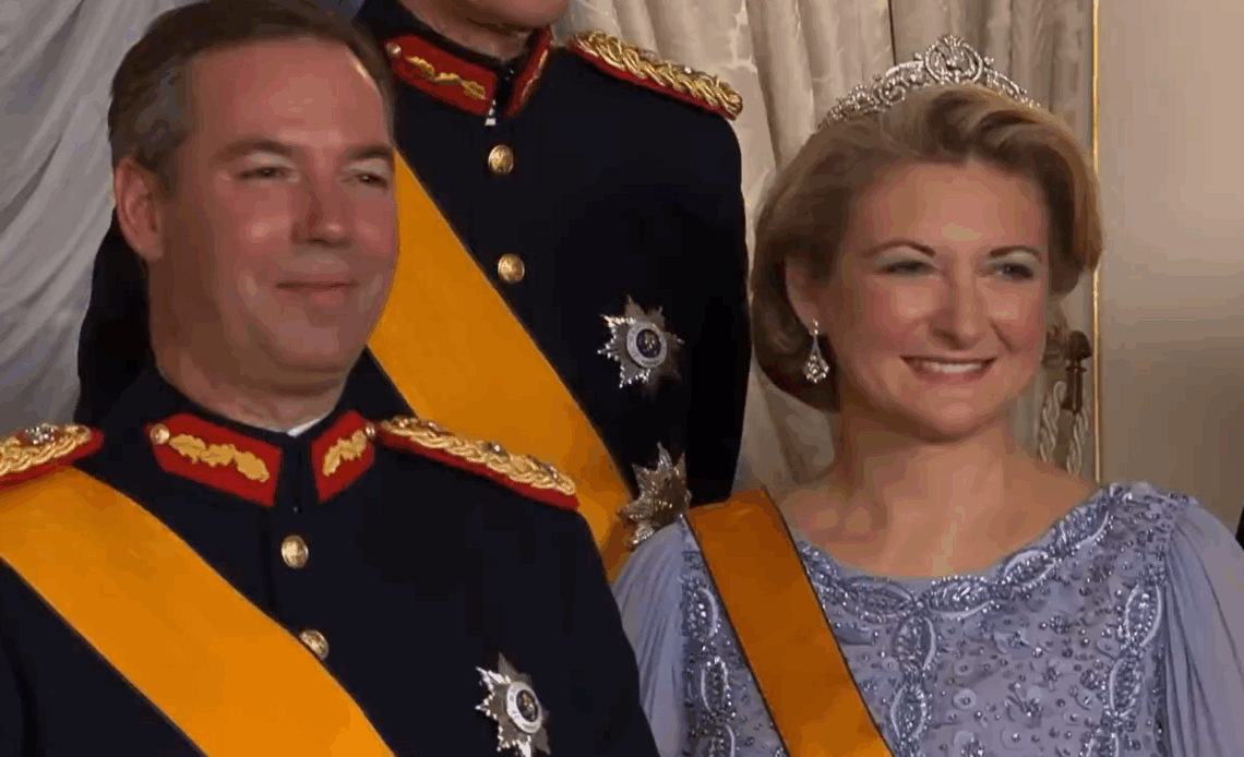 Grand Duchess Stephanie wears a pale blue gown and diamond tiara