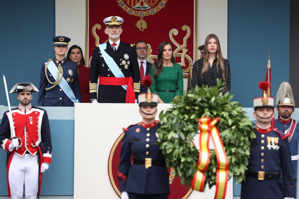 King Felipe and the Spanish royal family watch as a wreath is laid at the Madrid memorial