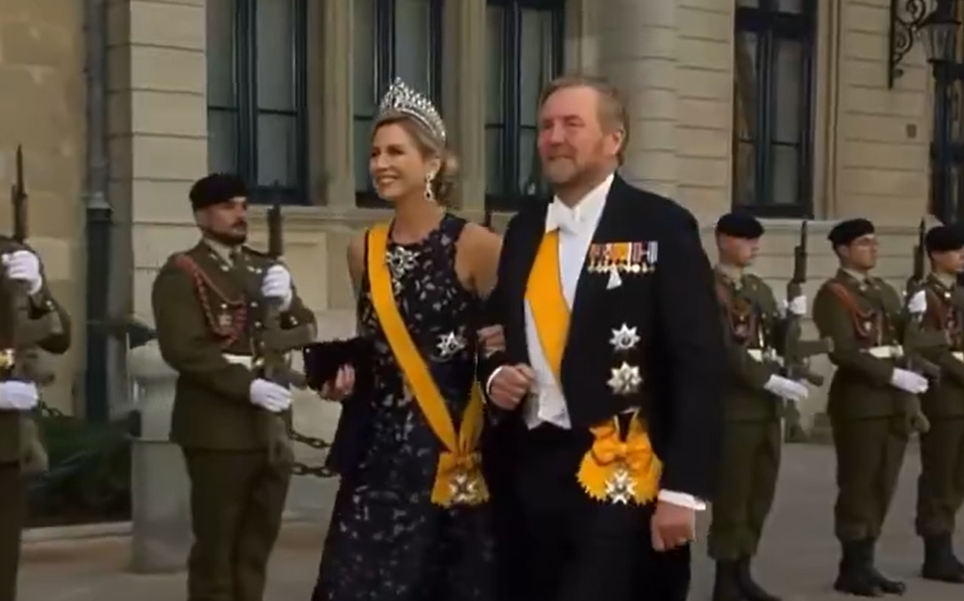 Queen Maxima wears a midnight blue lace ballgown
